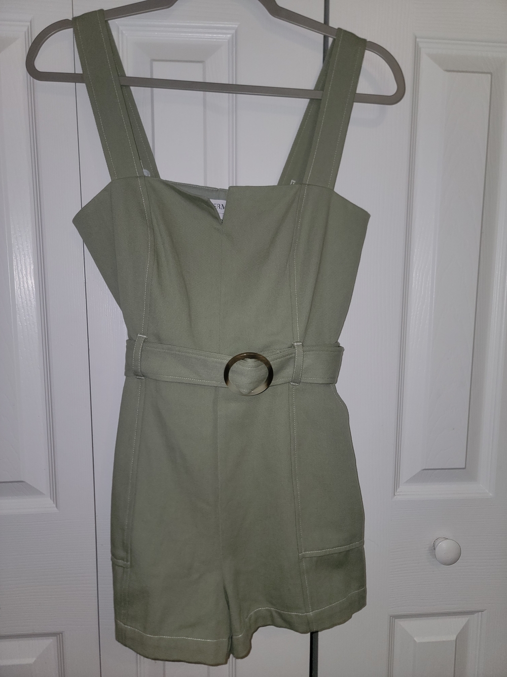 INTERMIX Olive Green Sleeveless Romper with Belt Detail